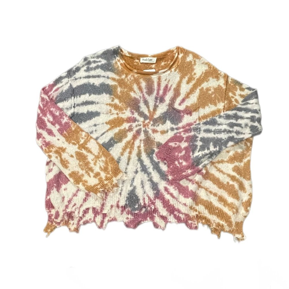 Peach Love California Tie-Dye Split Hem Frayed Sweater, Size M, NWT